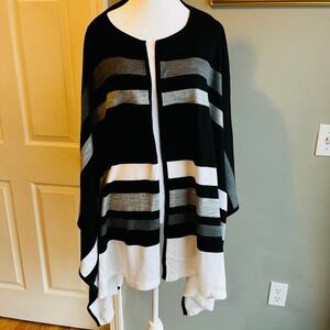 Chic Striped Open Front Cardigan Poncho Black White Gray Soft Bohemian Winter